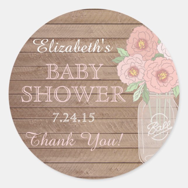 Floral Mason Jar & Wood Pink Baby Shower Sticker (Front)