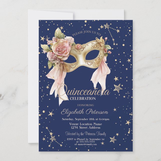 Floral Masque Stars Navy Blue Quinceañera Invitation (Front)