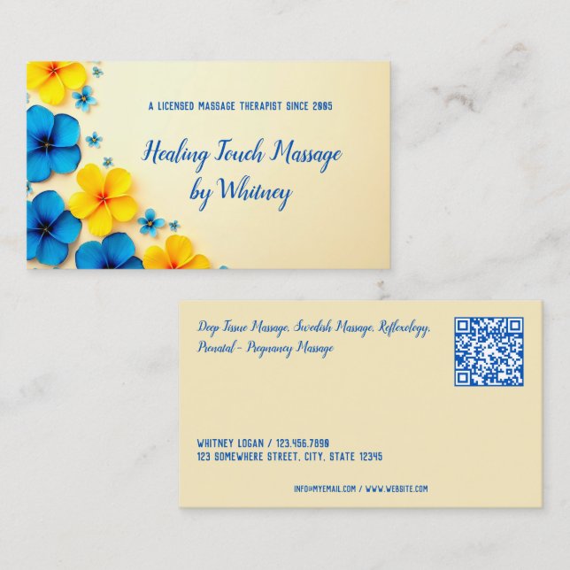 Floral Massage Therapist QR Business Card (Front/Back)