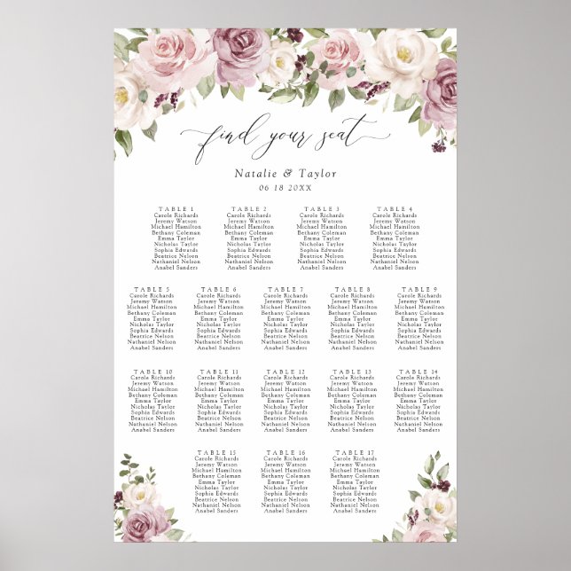 Floral Mauve Blush 17 Table Wedding Seating Chart (Front)