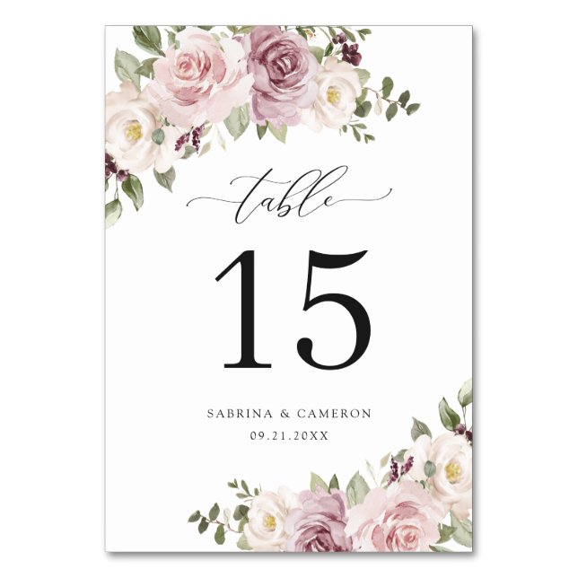 Floral Mauve Blush Greenery Elegant Table Number (Front)