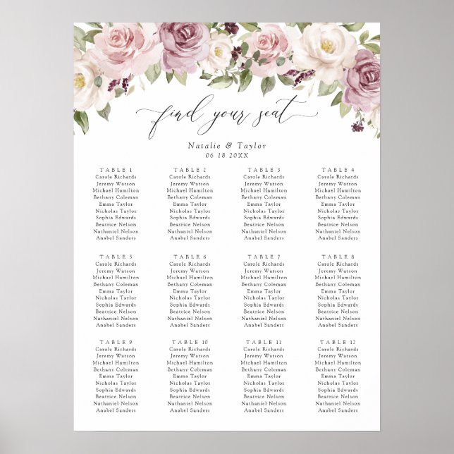 Floral Mauve Blush Greenery Wedding Seating Chart (Front)