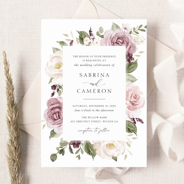 Floral Mauve Blush Greenery White Elegant Wedding Invitation (Creator Uploaded)
