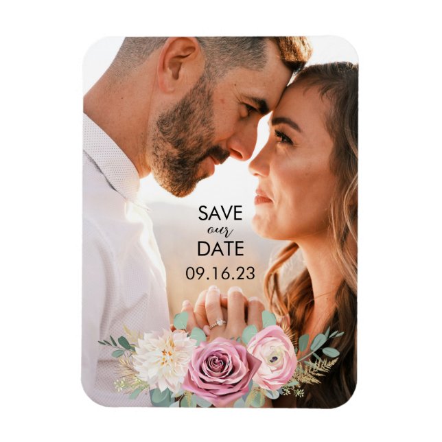 Floral Mauve Pink Black Save the Date Magnet (Vertical)