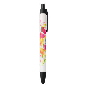 Floral Meadow Peach Pink Watercolor Black Ink Pen