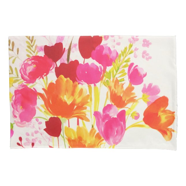 Floral Meadow Peach Pink Watercolor Pillowcase (Front)