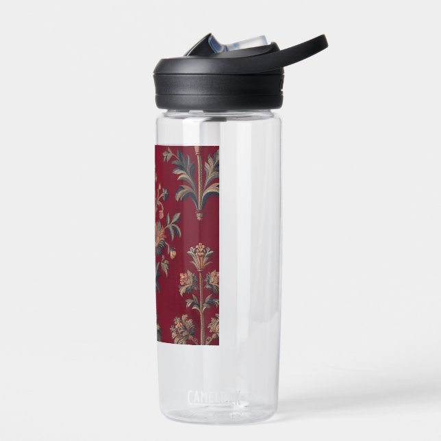 floral medieval embroidery in burgundy red water bottle (Left)