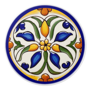 Floral Mediterranean Yellow Green Blue Flower Ceramic Knob