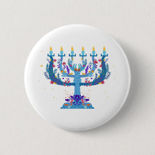 floral menorah hanukkah 6 cm round badge