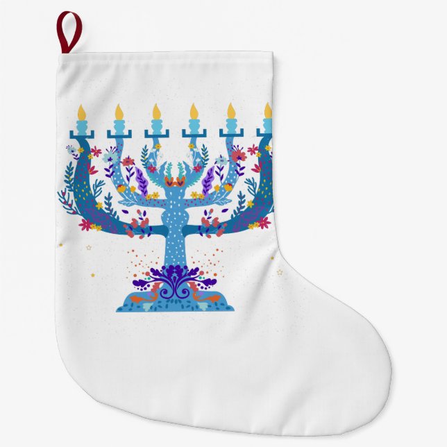 floral menorah hanukkah large christmas stocking (Front)