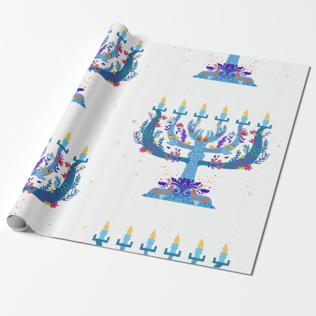 floral menorah hanukkah wrapping paper (Unrolled)