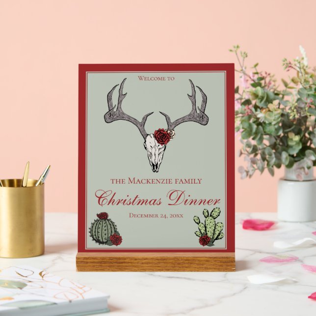Floral Merry Christmas Deer Head Skull Cactus Acrylic Sign (Wedding)