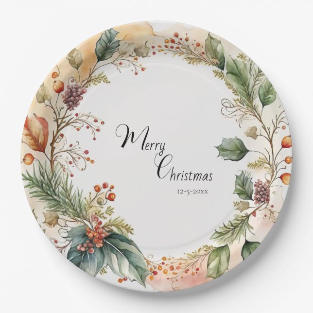 Floral Merry Christmas Party Classic   Paper Plate (Front)
