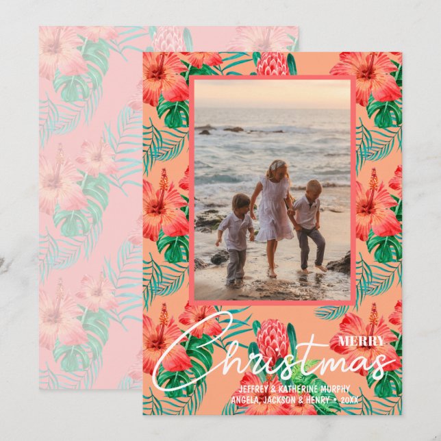 Floral Merry Christmas Photo Holiday Card (Front/Back)