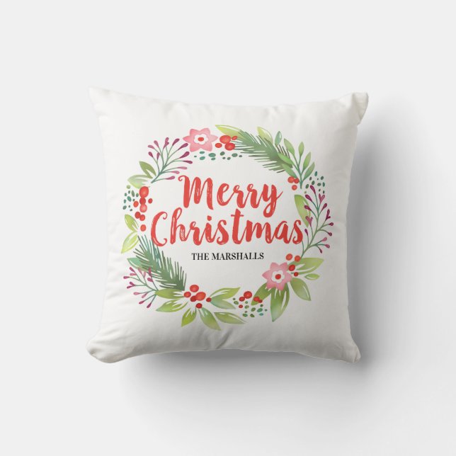 Floral Merry Christmas Red Berry Wreath Cushion (Front)