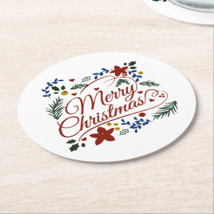 Floral Merry Christmas Round Paper Coaster