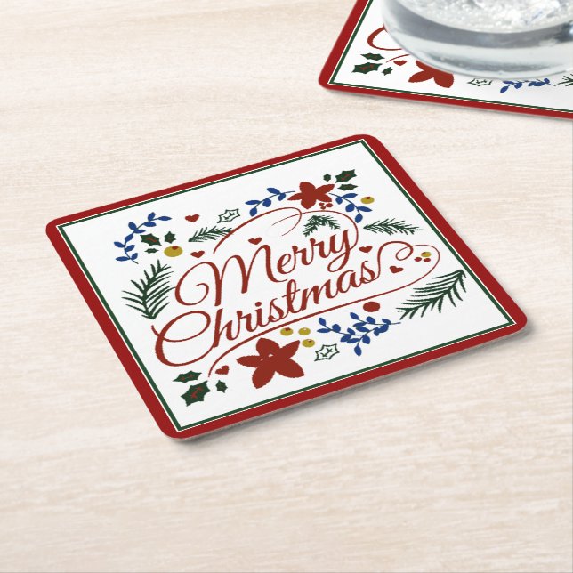 Floral Merry Christmas   Square Paper Coaster (Angled)