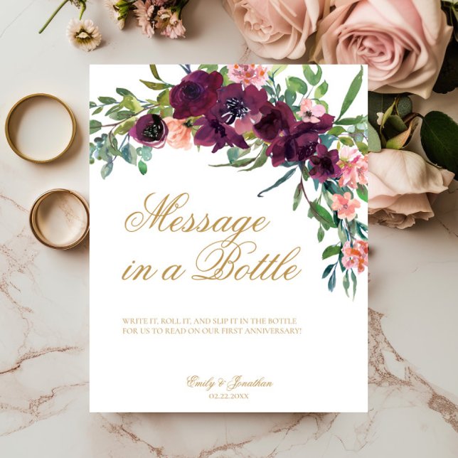 Floral Message In A Bottle Sign Wedding Guest Book (Message in a Bottle Wedding Sign, Burgundy Blush Pink Florals, Gold Script Calligraphy, Fall Winter )