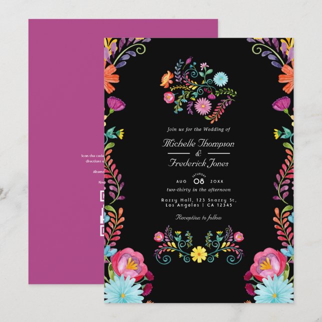 Floral Mexican Fiesta QR Code RSVP Wedding Invitation (Front/Back)