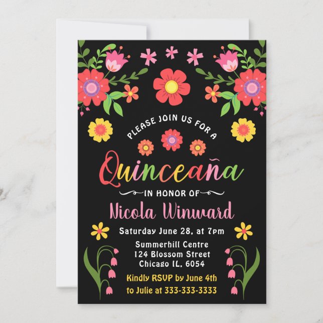 Floral Mexican Fiesta Quinceañera  Invitation (Front)