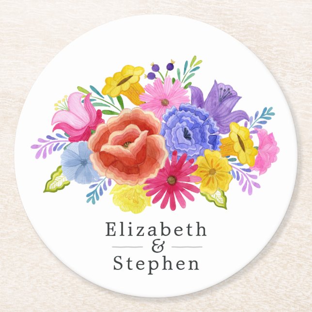 Floral Mexican Fiesta Wedding Round Paper Coaster (Front)