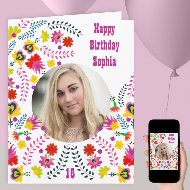Floral Mexican Folk Art Any Age Photo Birthday Card (Creator Uploaded)