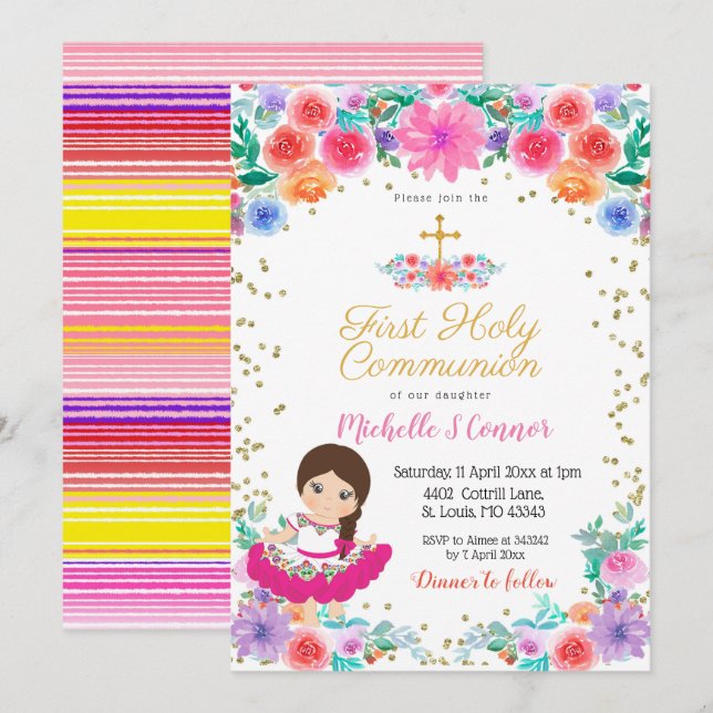 Floral Mexican Girl Christening Invitation (Front/Back)