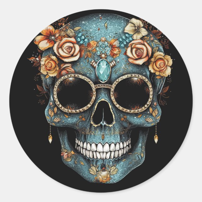 Floral Mexican Skull Day of the Dead Dia De Muerto Classic Round Sticker (Front)