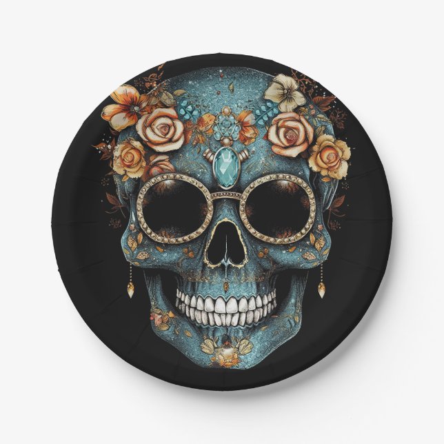 Floral Mexican Skull Day of the Dead Dia De Muerto Paper Plate (Front)