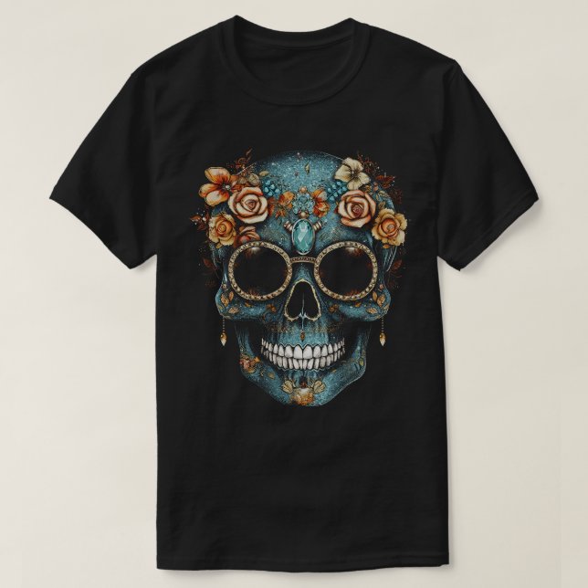 Floral Mexican Skull Day of the Dead Dia De Muerto T-Shirt (Design Front)