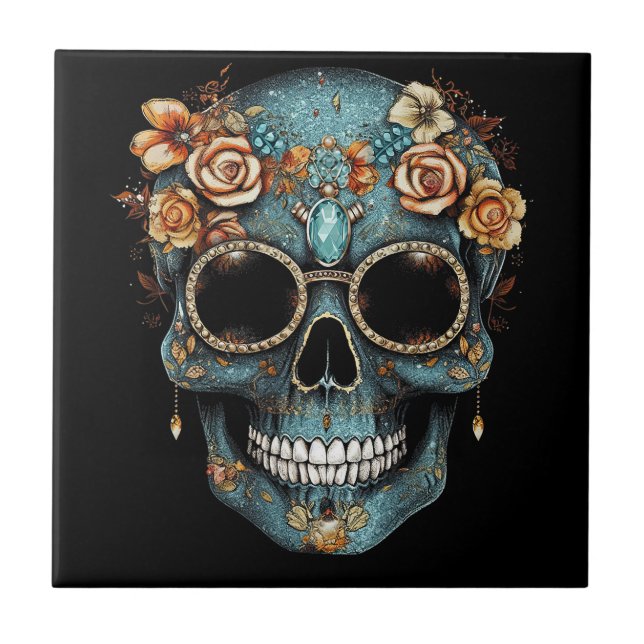 Floral Mexican Skull Day of the Dead Dia De Muerto Tile (Front)