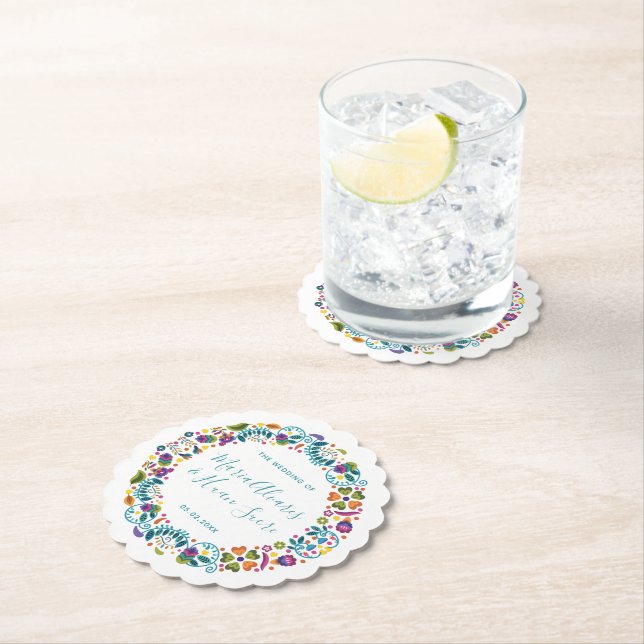 Floral Mexican Style Personalised Wedding Paper Coaster (Insitu)