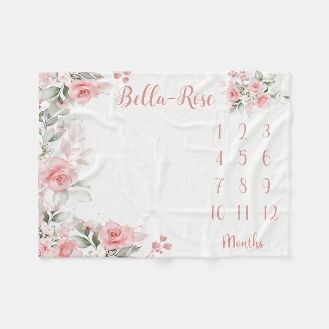 Floral Milestone Blanket Girl Pink Roses Baby Mont (Front (Horizontal))