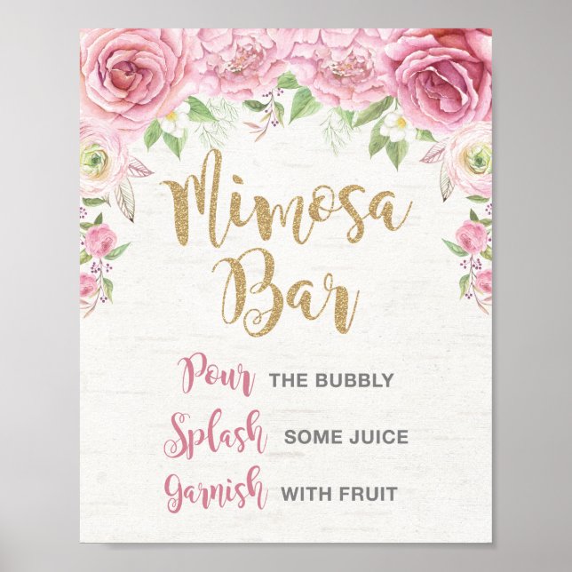 Floral Mimosa Bar Sign Pink Gold Flower Wedding (Front)