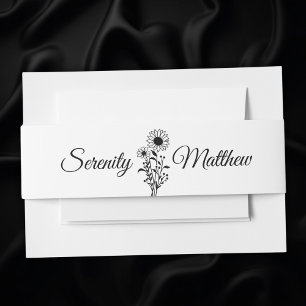 Floral Minimalist Black White Sunflower Wedding Invitation Belly Band