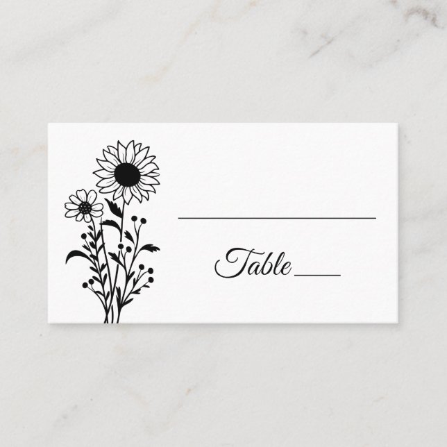 Floral Minimalist Black White Sunflowers Wedding Place Card (Front)