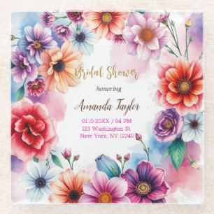 Floral Minimalist Calligraphy Bridal Shower Card Glass Coaster