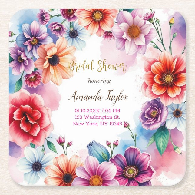 Floral Minimalist Calligraphy Bridal Shower Card Square Paper Coaster (Front)