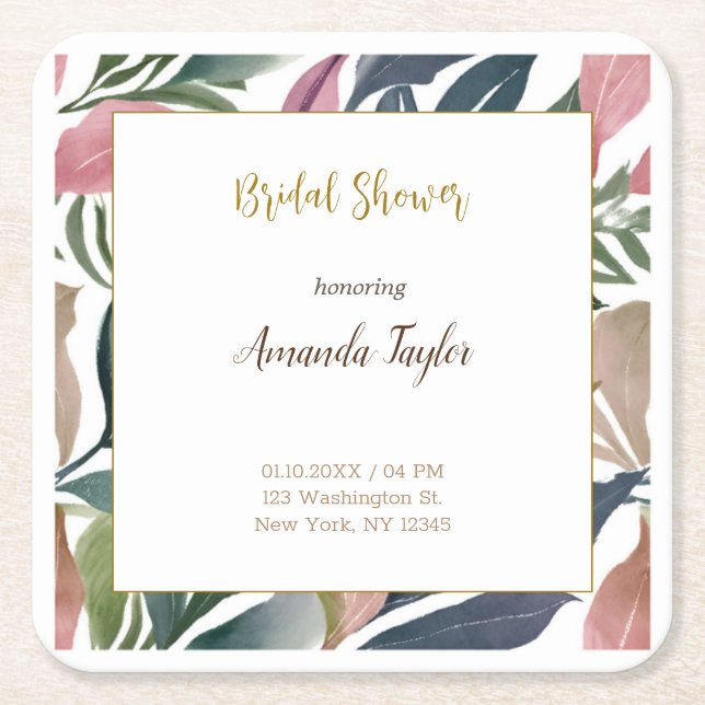 Floral Minimalist Calligraphy Bridal Shower Card Square Paper Coaster (Front)