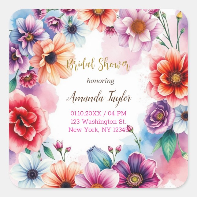 Floral Minimalist Calligraphy Bridal Shower Card Square Sticker (Front)
