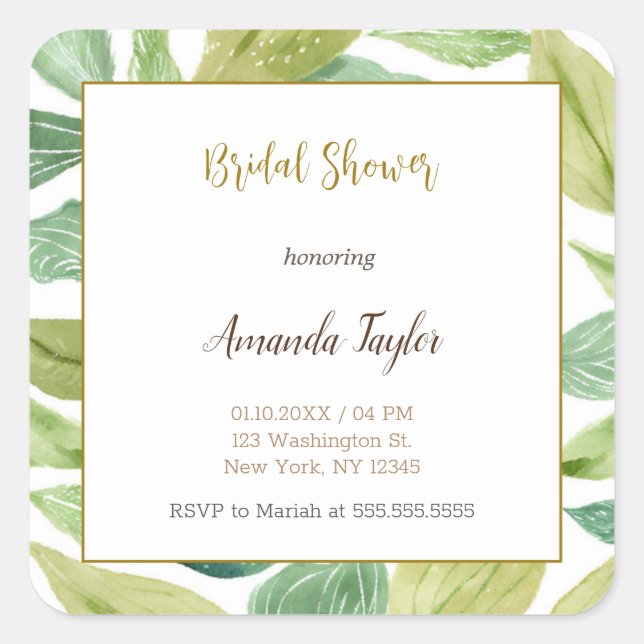 Floral Minimalist Calligraphy Bridal Shower Card Square Sticker (Front)