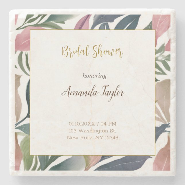 Floral Minimalist Calligraphy Bridal Shower Card Stone Coaster (Front)