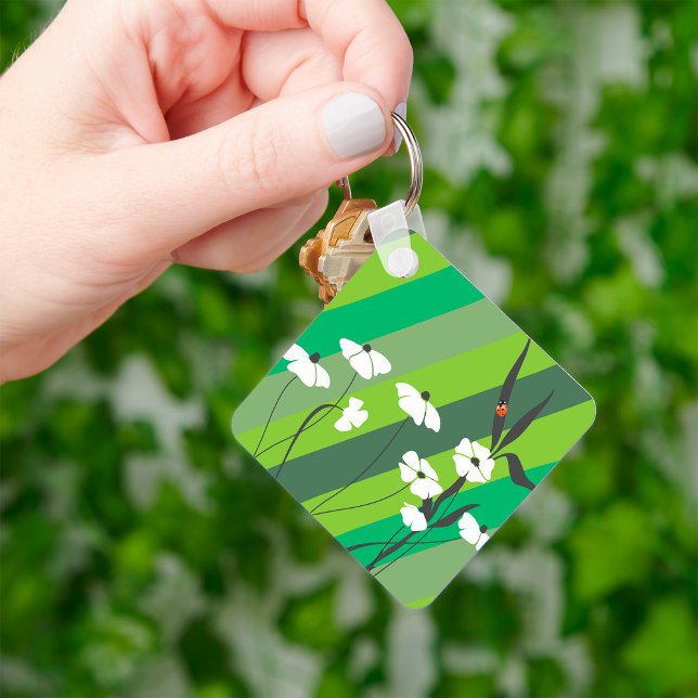 Floral Minimalist Ladybug on Green Stripes Key Ring (Creator Uploaded)