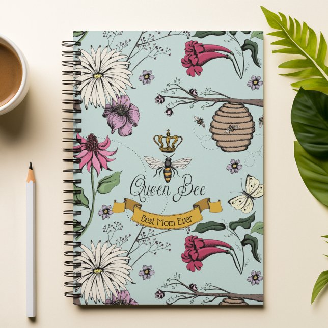 Floral Mint Best Mum Ever Queen Bee Notebook (Chic Mint Hand-Drawn Royal Queen Bee Illustration with 3 Custom Texts.
Front: 1 Text
Back: 2 Texts)