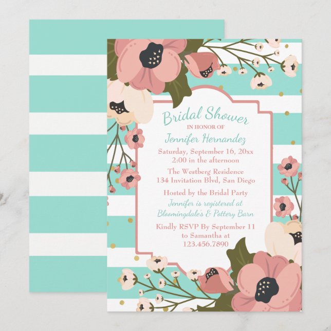 Floral Mint Bridal Shower Pink Flowers Stripes Invitation (Front/Back)