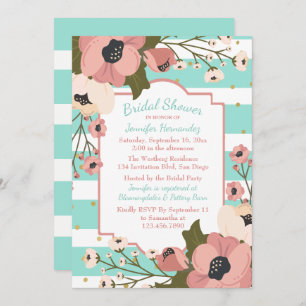 Floral Mint Bridal Shower Pink Flowers Stripes Invitation