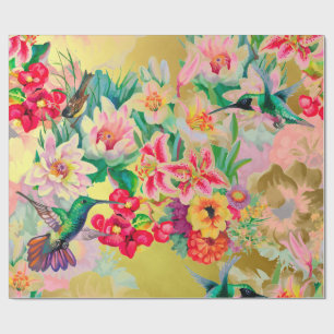 Floral Mint Garden Gold Pink Pastel Thunder-Bird Wrapping Paper