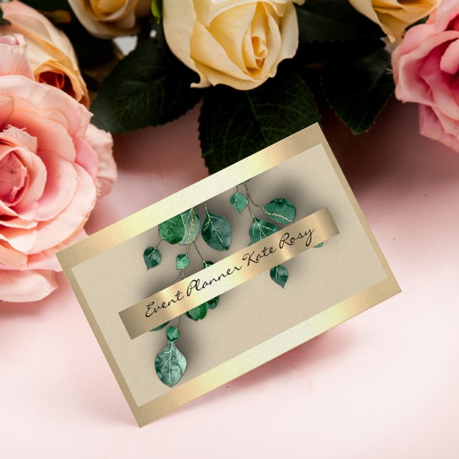 Floral Mint Green Eucaliptus Gold Event Planner Business Card (Creator Uploaded)