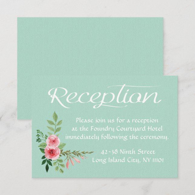 Floral Mint Green Reception Pink Flowers Wedding Invitation (Front/Back)