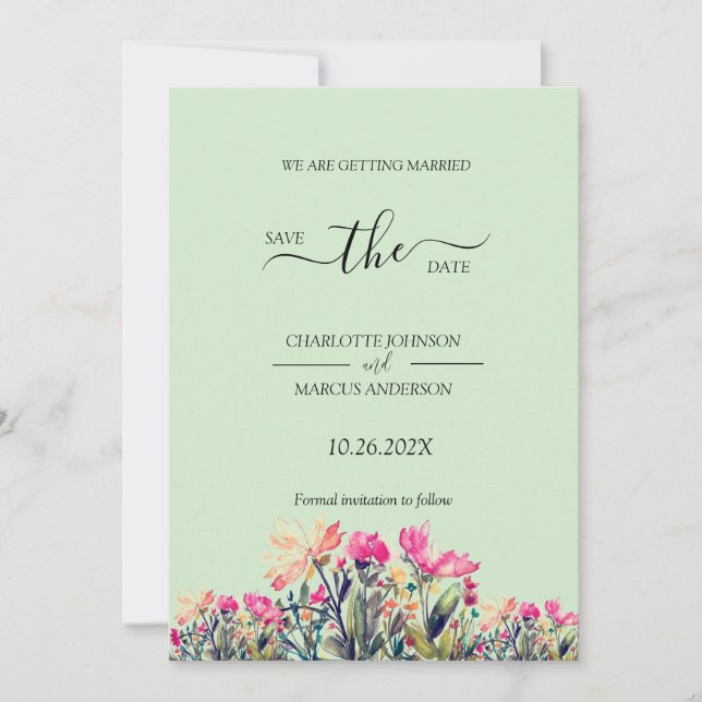 Floral Mint Green Save the Date Card (Front)